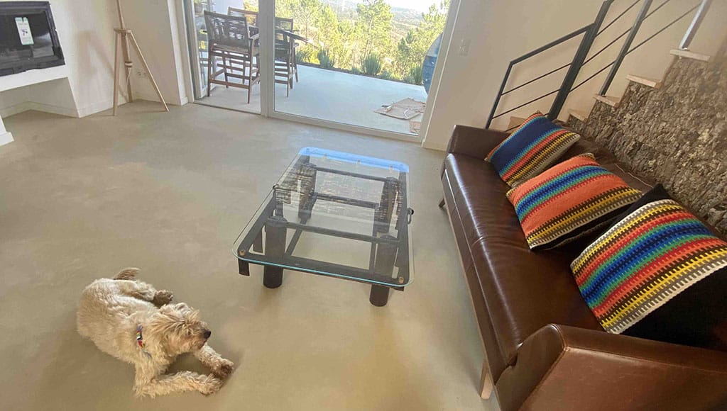 Toasty: Simon the dog appreciates the handmade coffee tables and cork walls but prefers the underfloor heating