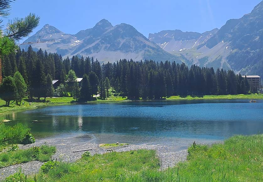 Beautiful upper lake ar Arosa|Church of St. Martin in Chur|Old Town entrance has an unusual stilt-walking statue|Cable car view of Chur|Glacier Express on Oberalp Pass|Alpine garden at 3,100m|Busy shopping street in Zermatt|Mountain view from Glacier Express|Lower swimming lake at Arosa|Matterhorn but cloud-covered summit