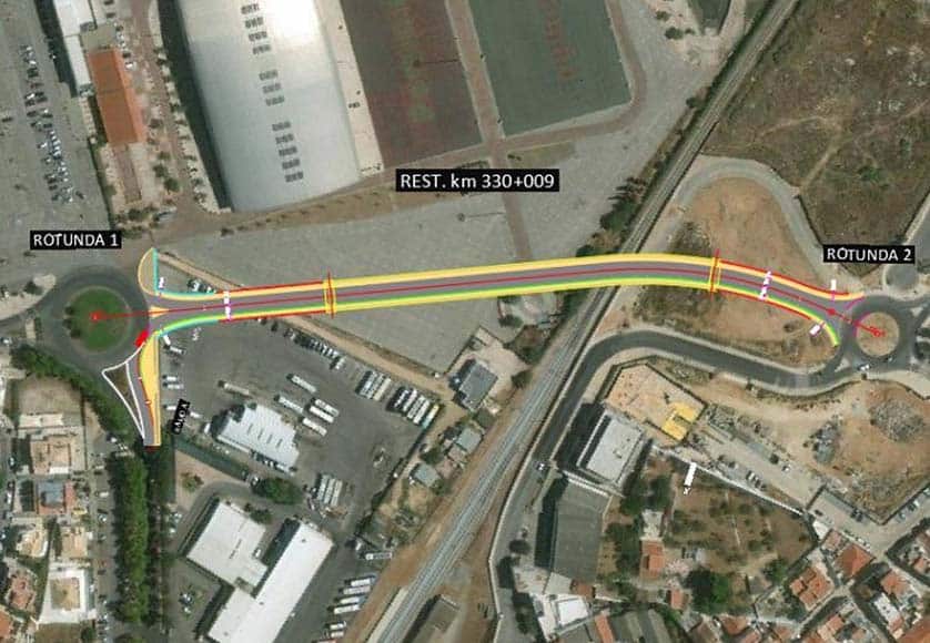 Viaduct project linking the two roundabouts (one south of railway near riverside, the other north of railway near Portimão Arena)|Roundabout at Rua Comandante Araújo (south)|Roundabout at Rua Caldeira do Moinho (north)|The busy, accident-prone level crossing near Gil Eanes/Cardosas