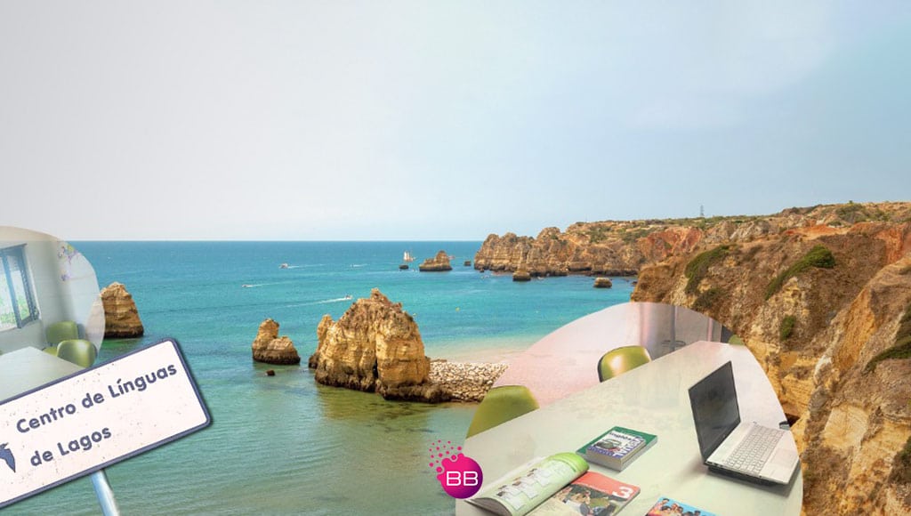 Photo of a part of the Algarve coastline with a sign pointing to Centro de Línguas de Lagos|