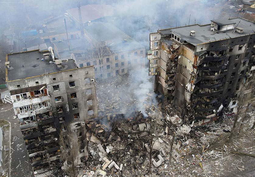 An aerial view shows a residential building destroyed by shelling, as Russia's invasion of Ukraine continues, in the settlement of Borodyanka in the Kyiv region, Ukraine March 3, 2022. Picture taken with a drone. REUTERS/Maksim Levin