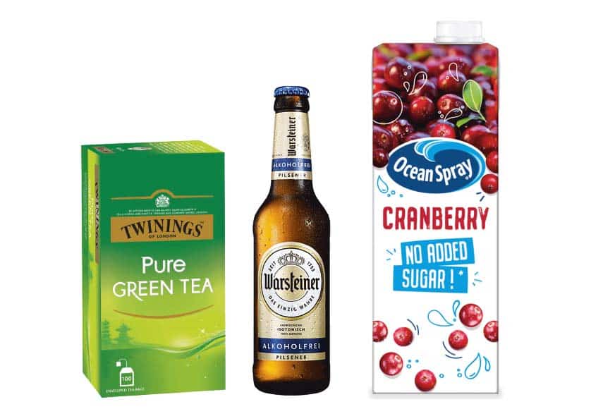 picture of green tea, alcohol free beer and cranberry juice