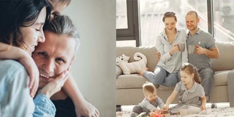 Woman holding older man and a family of 4, representing some of Homecare clients|