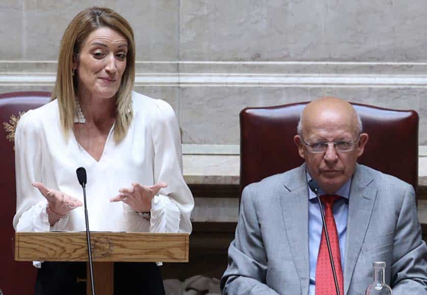 European Parliament President Roberta Metsola, flanked by her Portuguese counterpart, Augusto Santos Silva, delivers a speech during a visit to the Portuguese Parliament, in Lisbon, Portugal, 16 June 2023. MIGUEL A. LOPES/LUSA