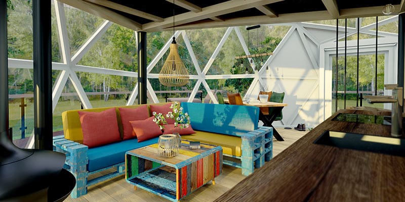 Photo of the living room in one of Jovan Eco Hause New Life project’s Eco Glass House and EcoDrop POD