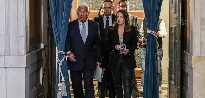 PM António Costa walking into the press conference today with housing minister Marina Gonçalves