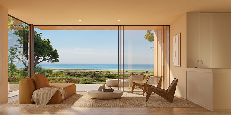 Partial view of a living room at one of Palmares Ocean Living & Golf's signature apartments|Aerial view of the Palmares resort|Aerial view of the Palmares resort