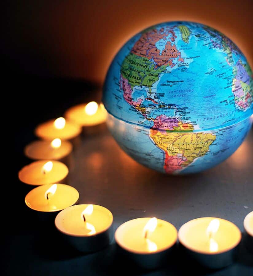 Globe with small candles around it