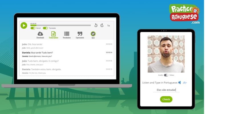 A computer screen and a tablet with PracticePortuguese.com study materials