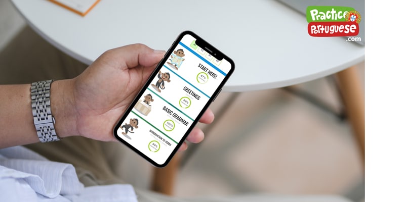 A smartphone screen with PracticePortuguese.com study materials