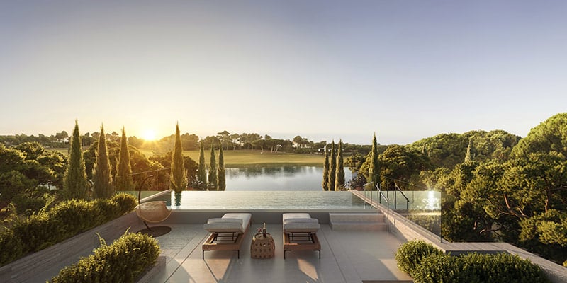 3-D render of a terrace at the new luxury development One Green Way at Quinta do Lago|Image of the luxury development One Green Way at Quinta do Lago|Image of a bedroom at one of the One Green Way's property|Image of the pool at the One Green Way development