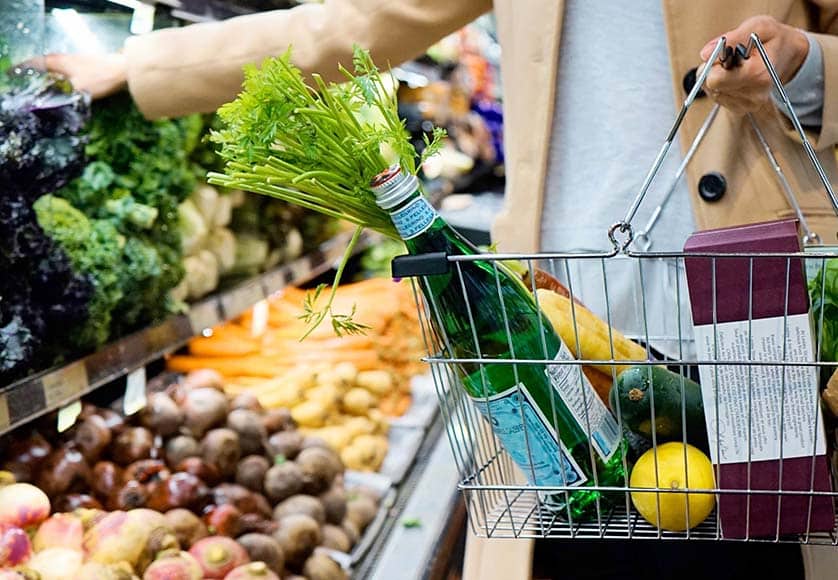 supermarket basked with food|
