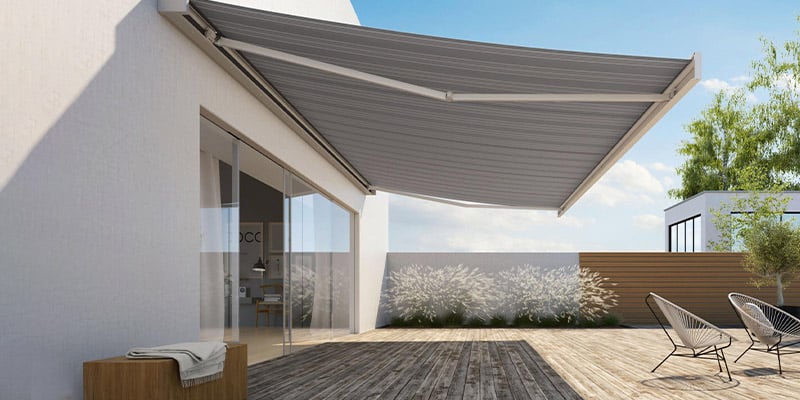 Photo of the new cubic cassette awning available at Toldolanda Lda. opened