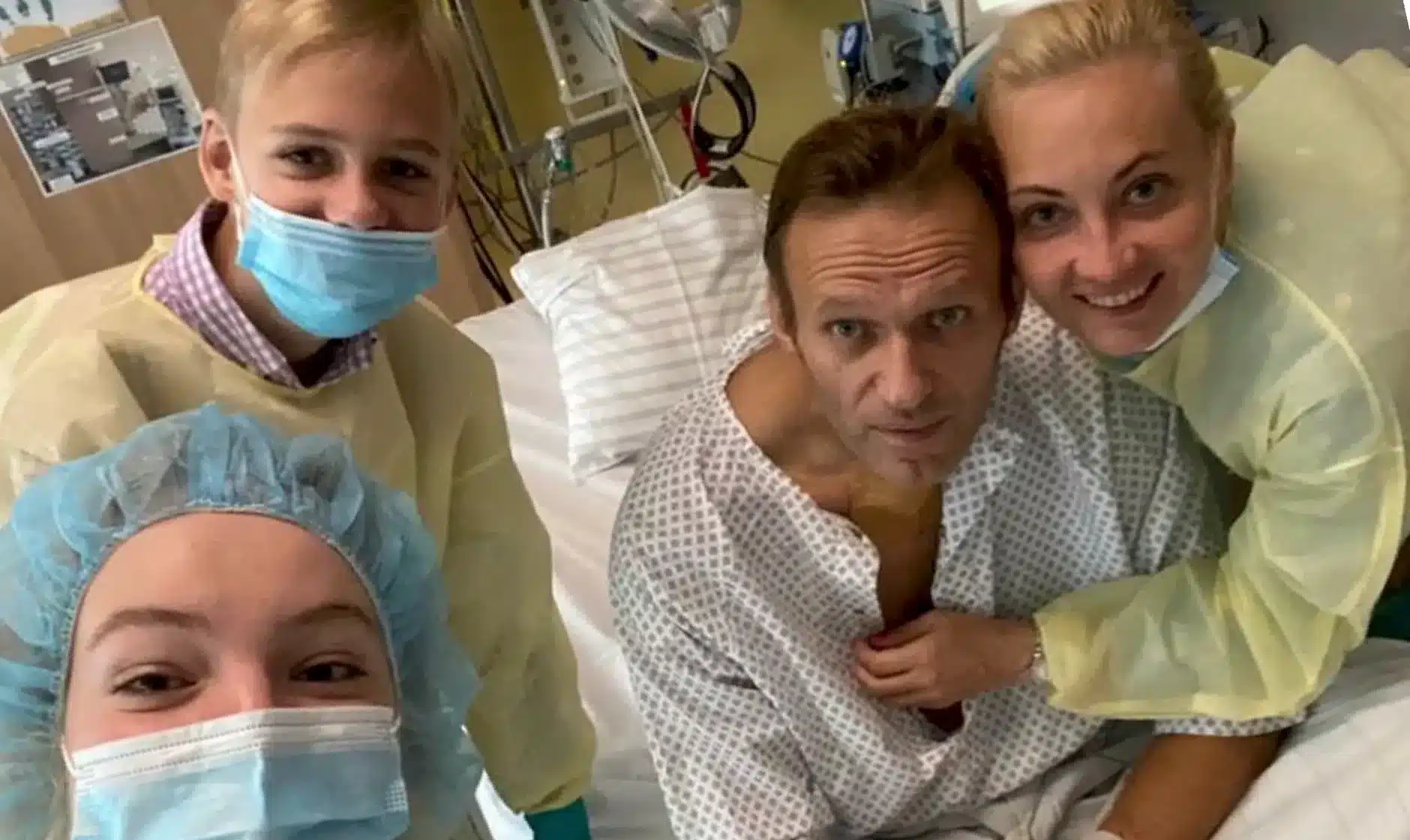 Recovering in hospital, surrounded by his family, in 2020 after being poisoned by Russian nerve agent Novichok during an internal flight in Russia. Photo: Navalny's own Instagram|Recovering in hospital, surrounded by his family, in 2020 after being poisoned by Russian nerve agent Novichok during an internal flight in Russia. Photo: Navalny's own Instagram