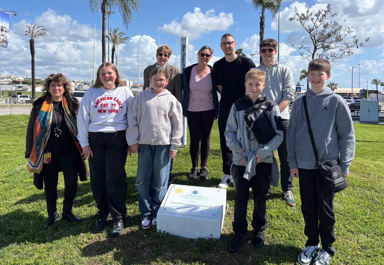 Students and teachers in Rotary Peace Garden at Faro Airport