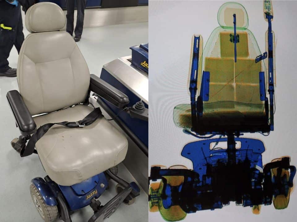 Left is how the wheelchair looked to naked eye, right is how it looked to the airport scanner. Image: NCA