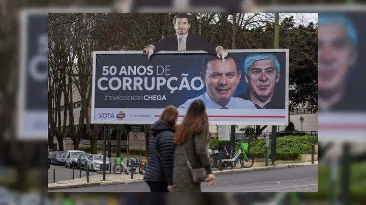 One of the multiple posters focusing on 50 years of corruption in Portugal by right-wing party CHEGA