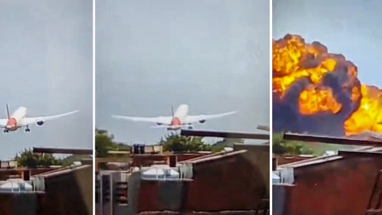 **EDS: COMBO PHOTO**Ahmedabad: In this combo of images, a London-bound Air India plane crashes moments after taking off from the Ahmedabad airport, Thursday, June 12, 2025. (PTI Photo)(PTI06_12_2025_000081B)