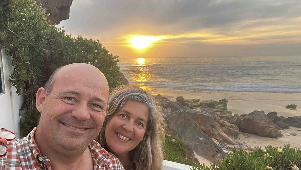 Calm before the storm: Ana and Al on Monte Clérigo beach waiting nervously for the bookings to start rolling in