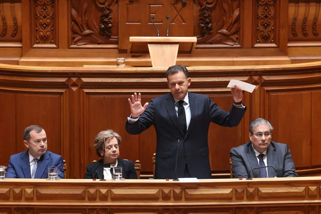 Yesterday in parliament, PM Montenegro (centre) flanked by ministers. Image: António Pedro Santos/ Lusa