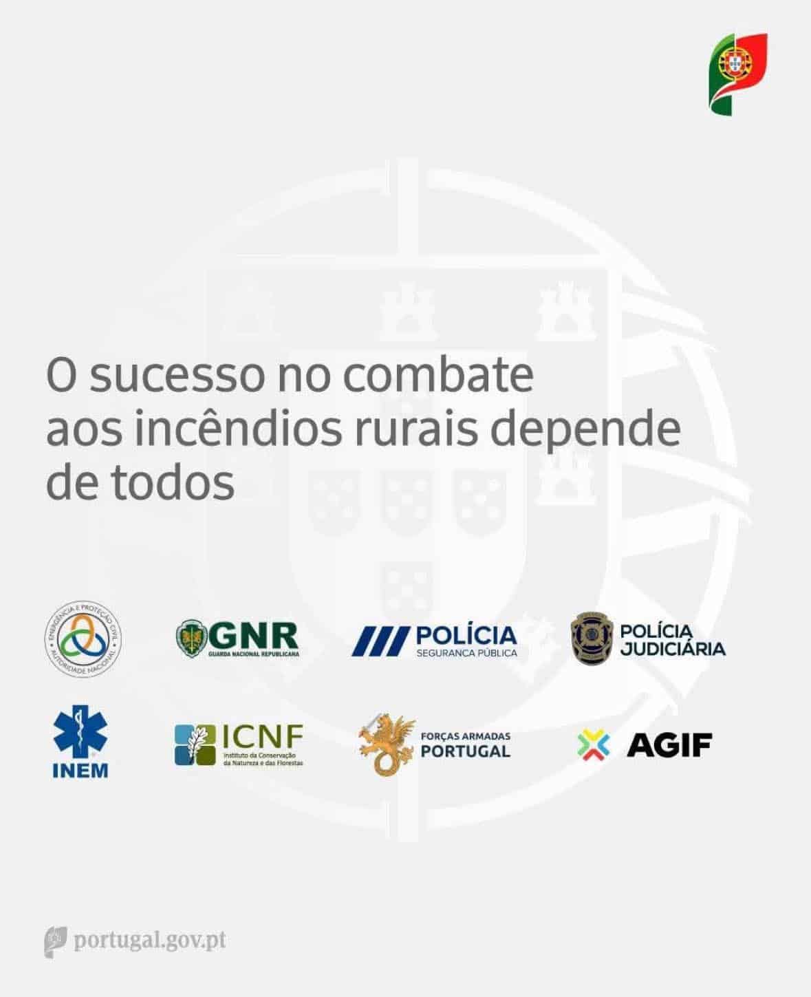 There it is: "The success in the combat of rural fires depends on everyone" with the logos of ANEPC, GNR, PSP, PJ, ICNF, Armed Forces of Portugal and AGIF. No logo for the country's volunteer firefighters...