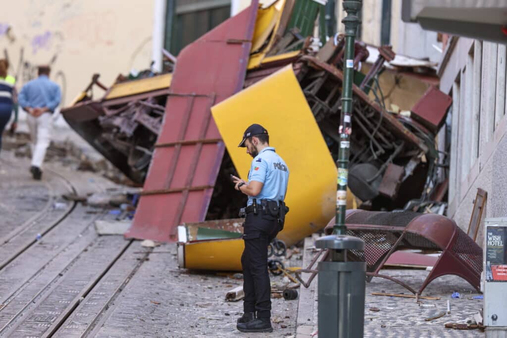 Aftermath of the Gloria funicular derailment in Lisbon
