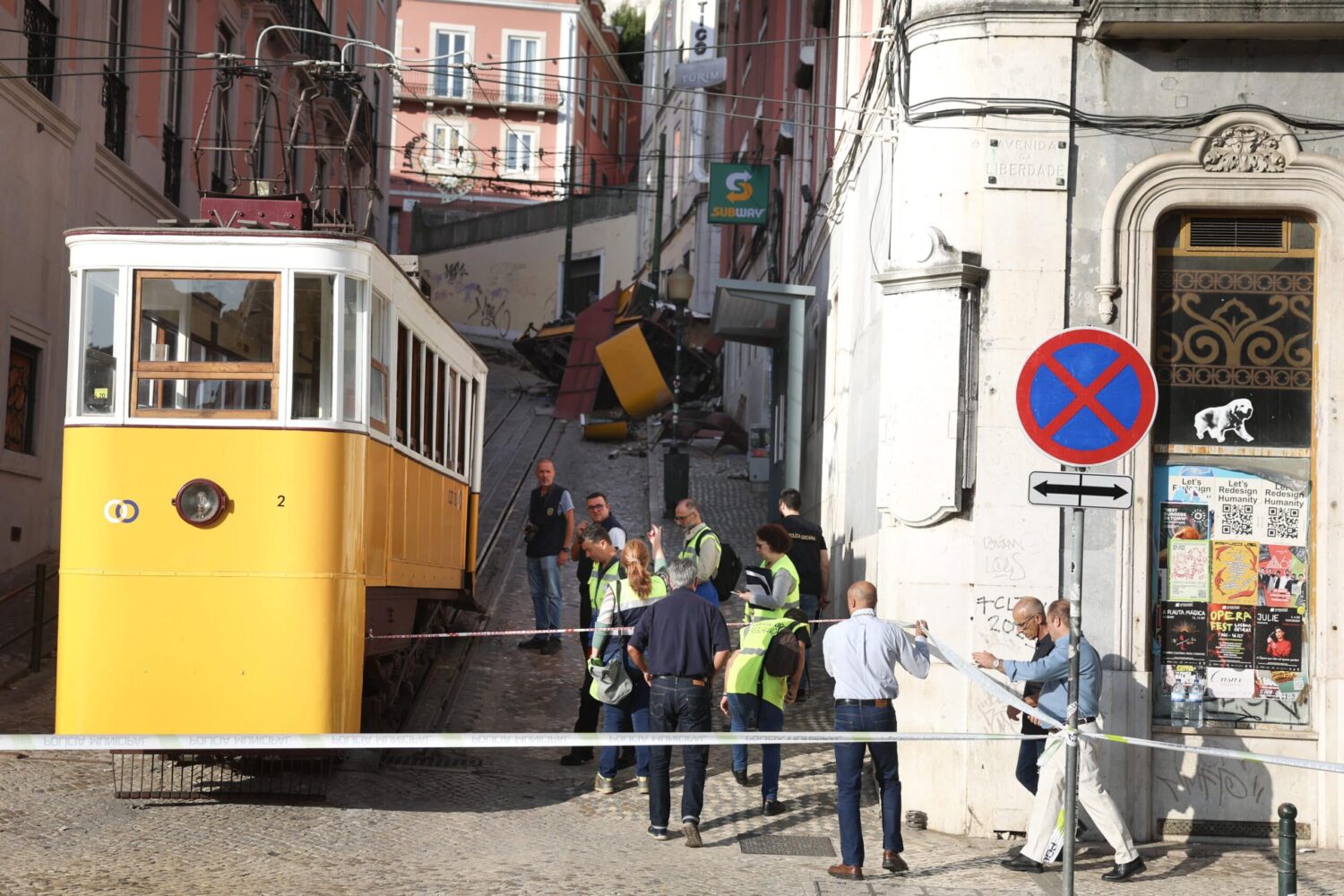 Aftermath of the Gloria funicular derailment in Lisbon