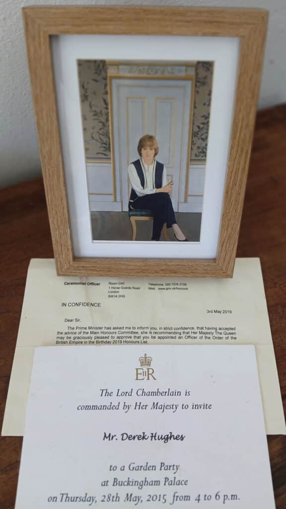 Garden Party Invitation May 2015, OBE letter May 2019 and Portrait of Princess Diana