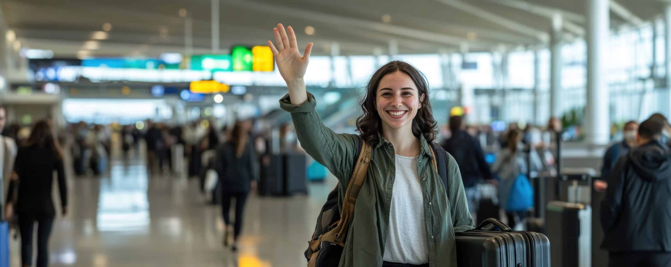 Smiling woman waving goodbye at airport
