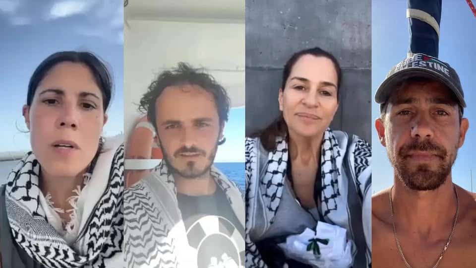 The Portuguese four arrested when Israeli military stormed the humanitarian flotilla on Wednesday night. Left to right: Mariana Mortágua, Miguel Duarte, Sofia Aparício and Diogo Chaves