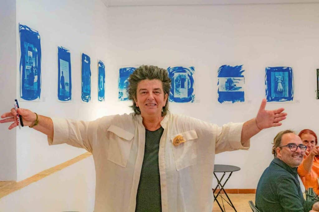 Manoli Ortiz de la Torre with her cyanotype art exhibition at Jali