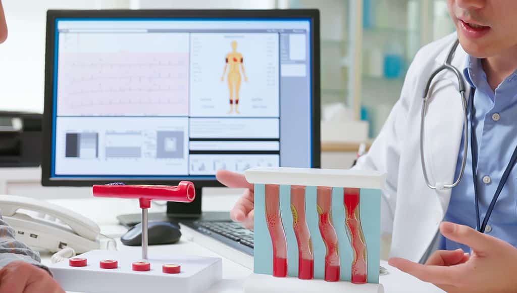 closeup Asian elderly patient listens neurologist explains vascular conditions using a blood vessel model covering examination results arterial blockage and hardening causes effects
