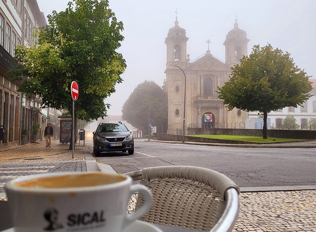 Morning in Braga: Coffee, quiet streets, and mist rolling past the church: my favorite kind of morning here