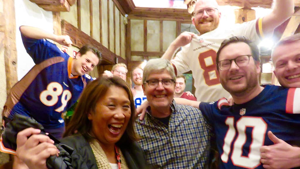 Susan Agricola and Tom Verhauz, new residents of Vilamoura, with some guys from Belgium, enjoying a night out before the NFL game in Madrid.