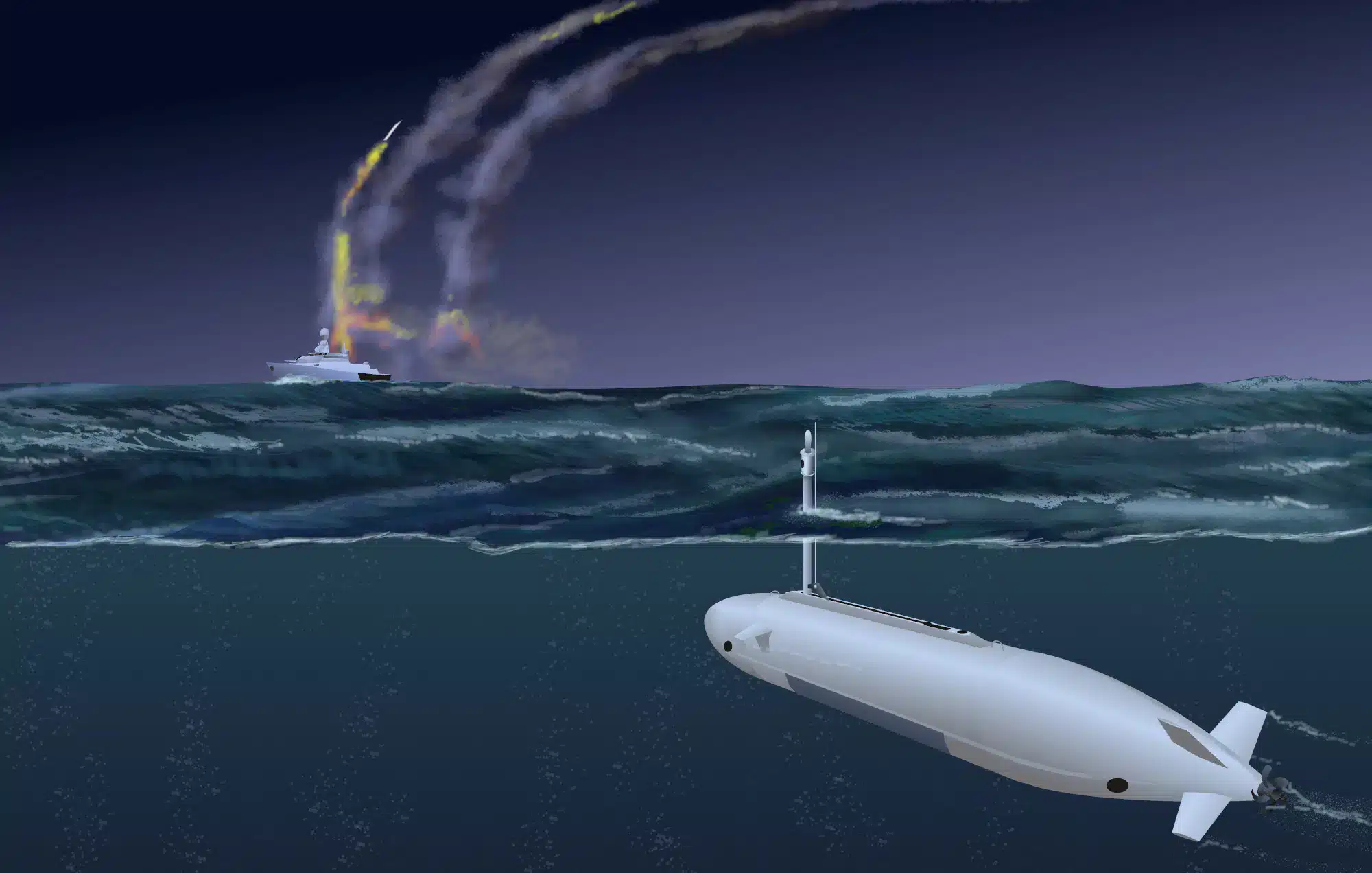 Artist’s impression of a FURY undersea drone approaching a Russian Navy warship as it fires a salvo of Kalibr cruise missiles at Ukraine. The drone (AUV) is a generic representation. Image from navalnews.com