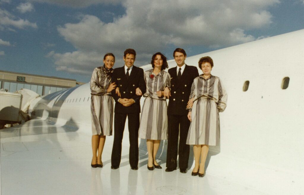 My first Concorde flight on November 1, 1980, on the wing with some of the cabin crew
