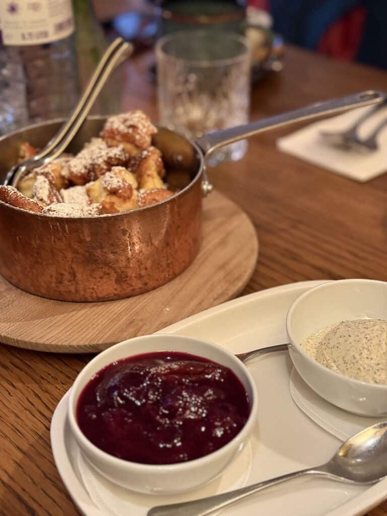 With plum compote and poppyseed ice cream